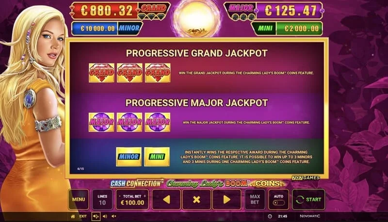 Cash Connection - Charming Lady's Boom Coins - tabela Jackpot-a Mini, Minor, Major i Grand